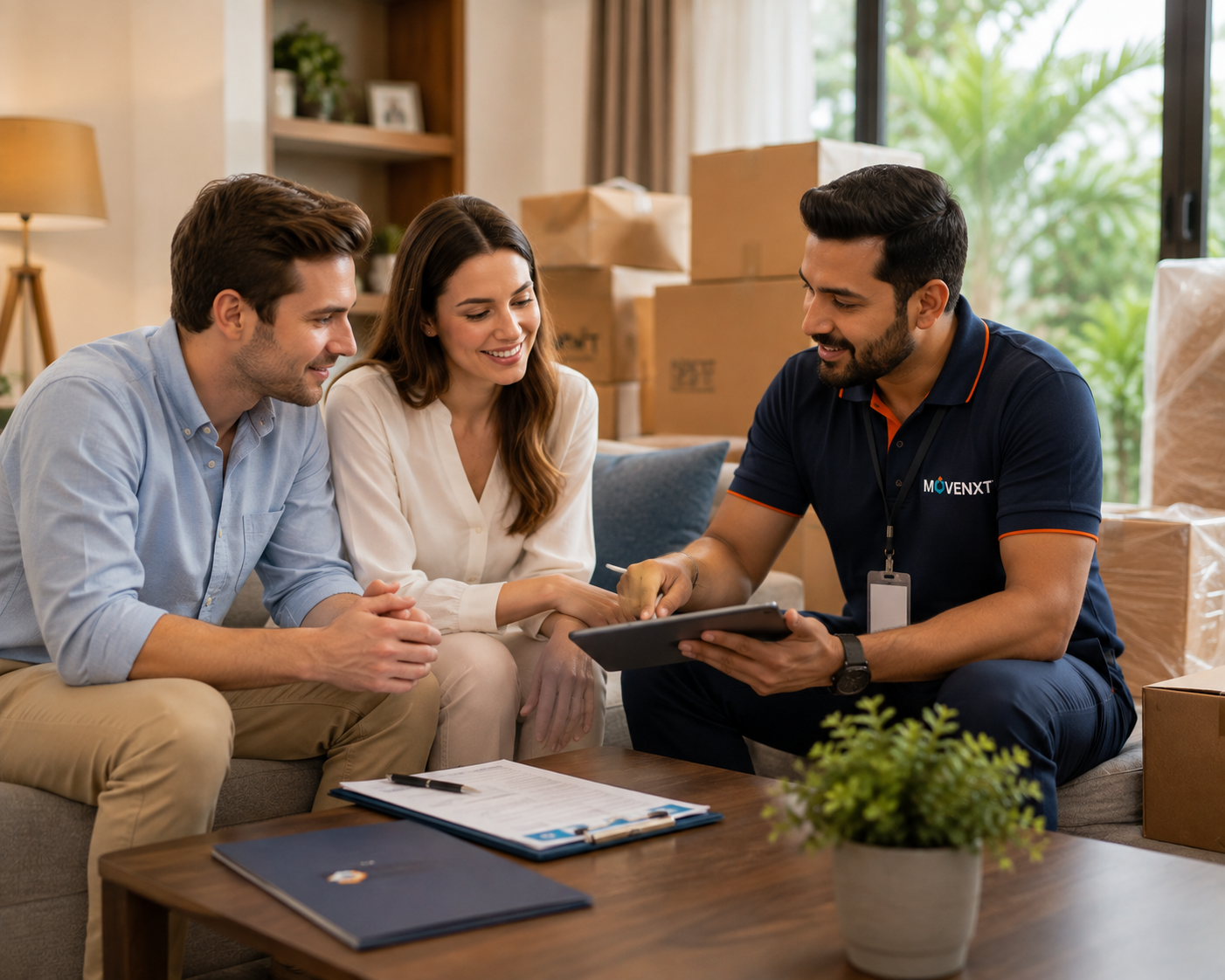 MoveNXT relocation manager in branded uniform consulting with a couple about household relocation using a tablet in their living room
