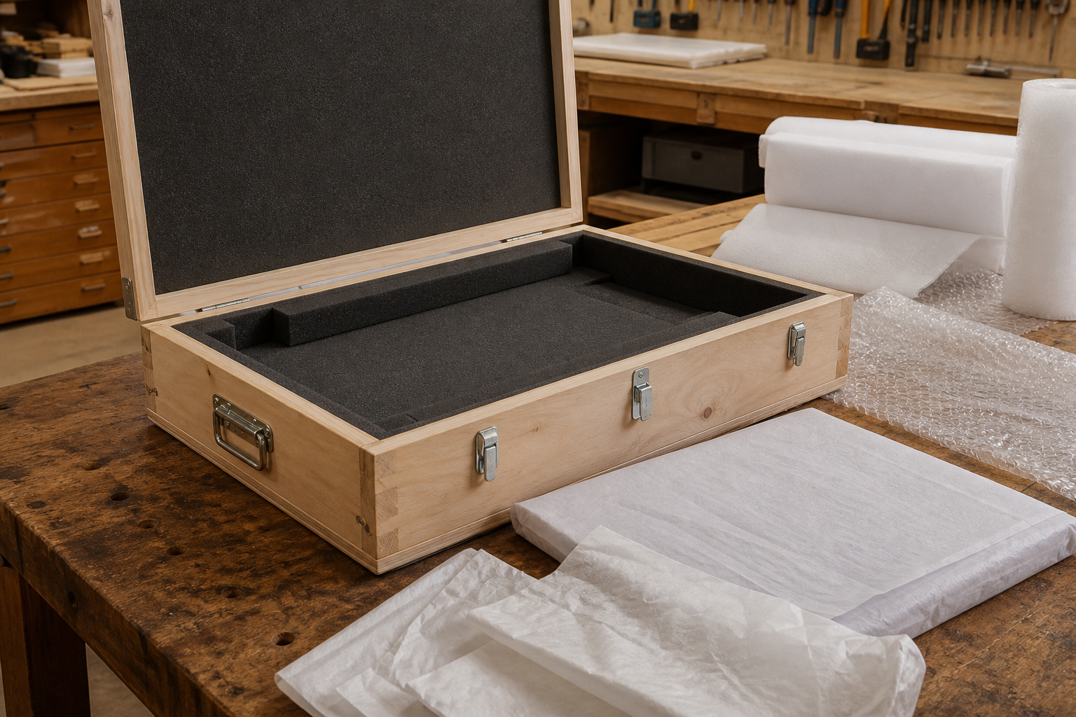 Custom wooden fine art shipping crates prepared for museum-grade transport