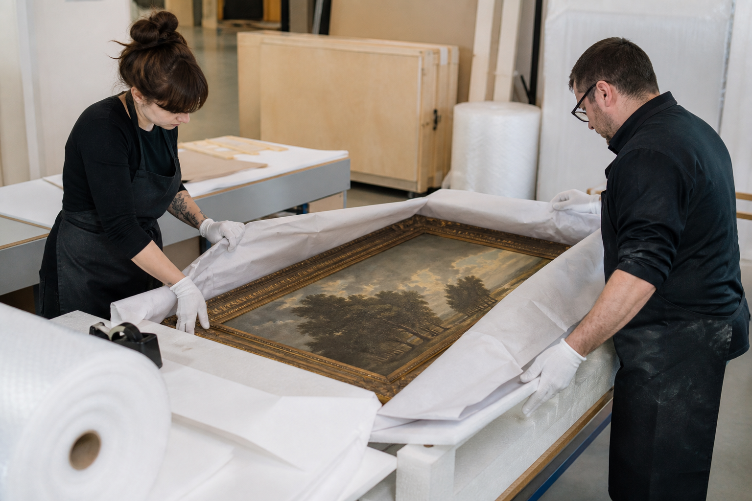 White-glove fine art handling of a framed painting