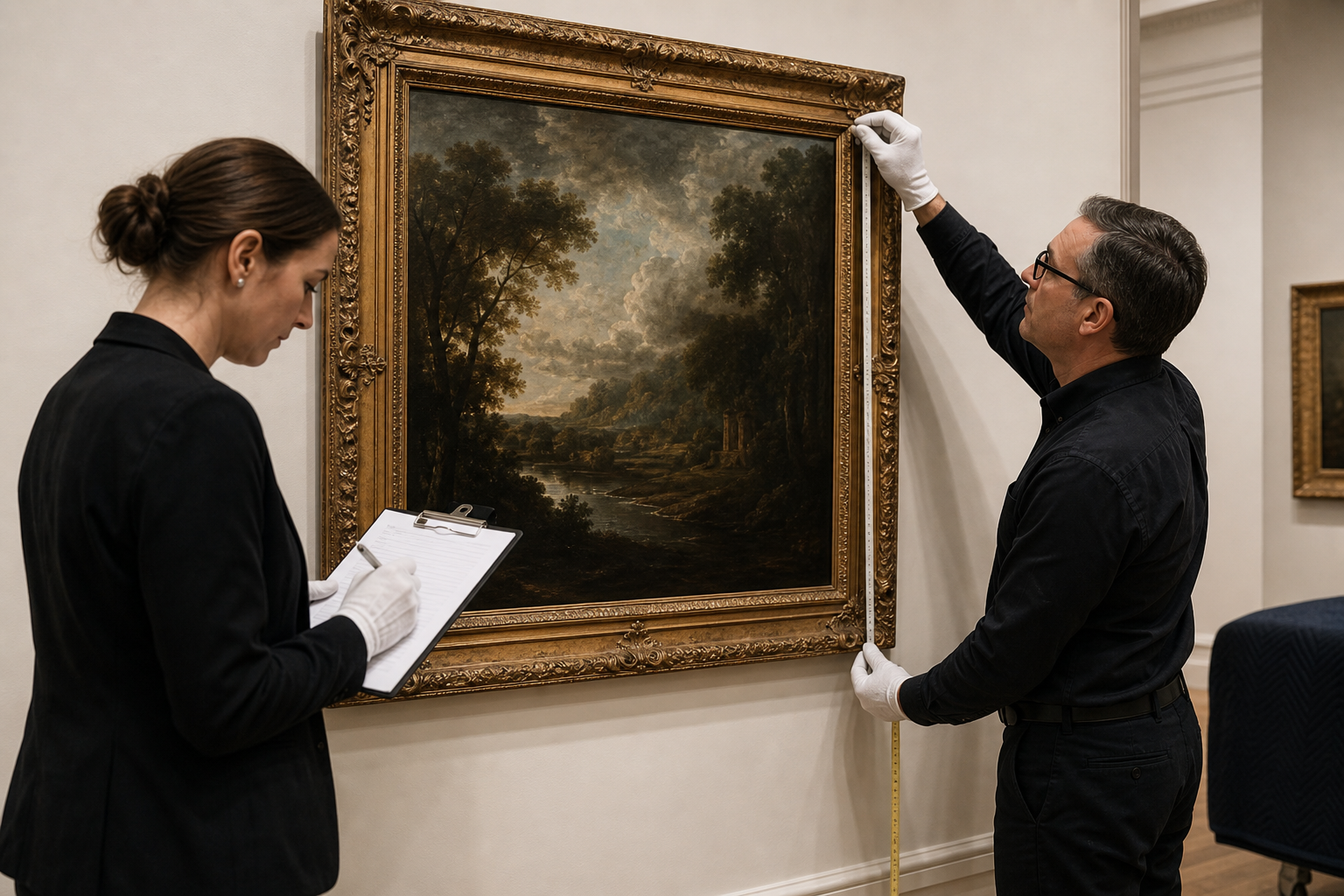 Art handlers surveying and installing a framed painting during a fine arts logistics project