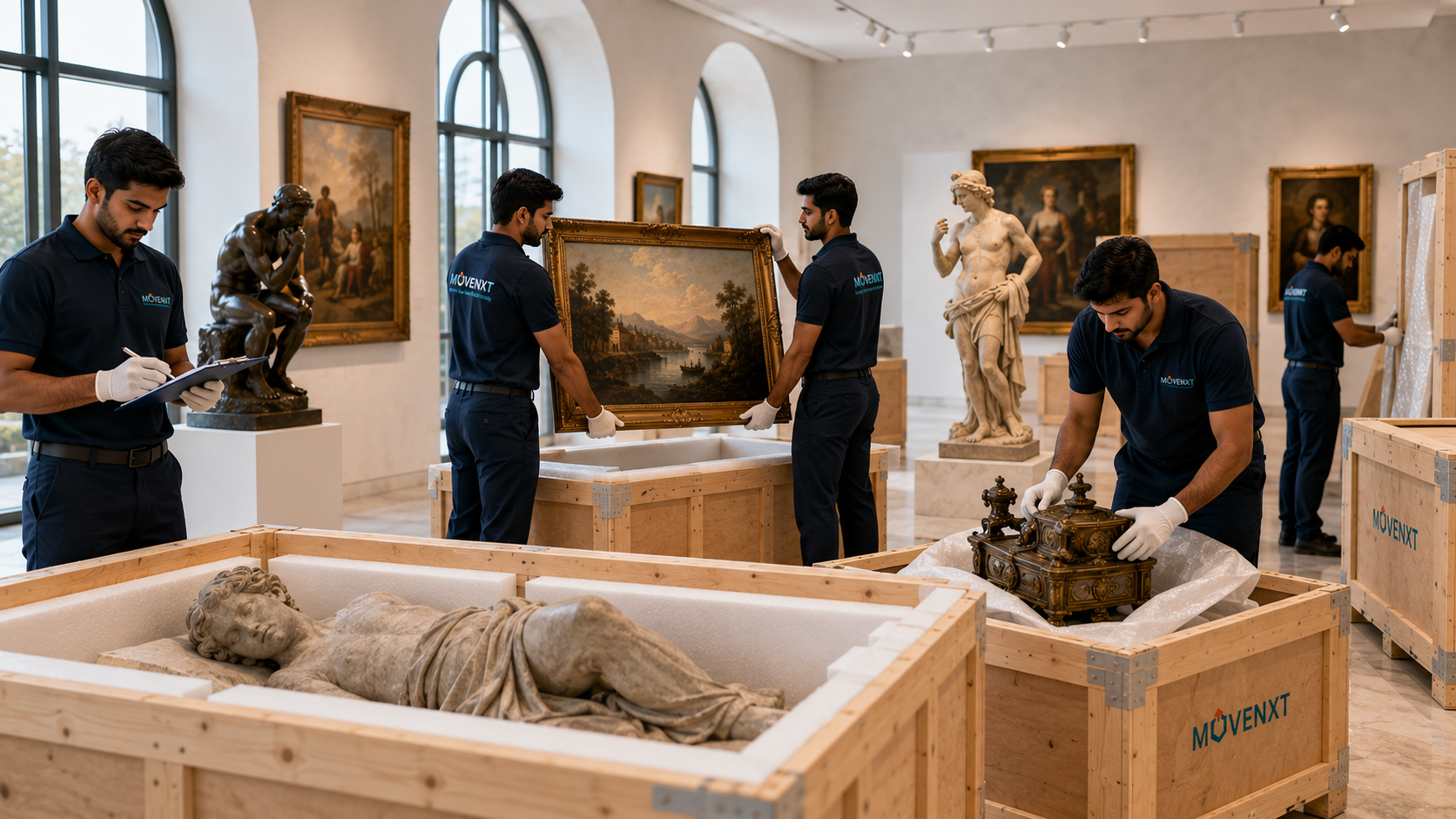 MoveNXT fine art logistics team in white gloves packing sculptures, paintings and antiques into branded wooden crates inside a museum gallery
