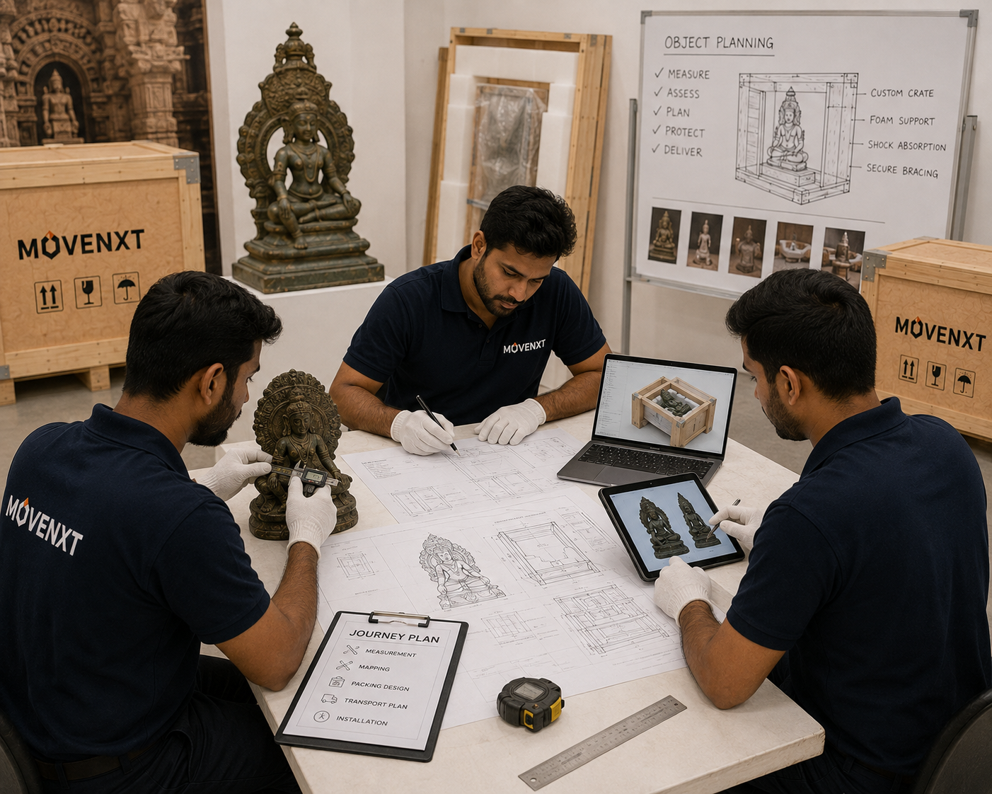 First we planned the journey - measuring and planning artefact packing for the Agra to IIT move
