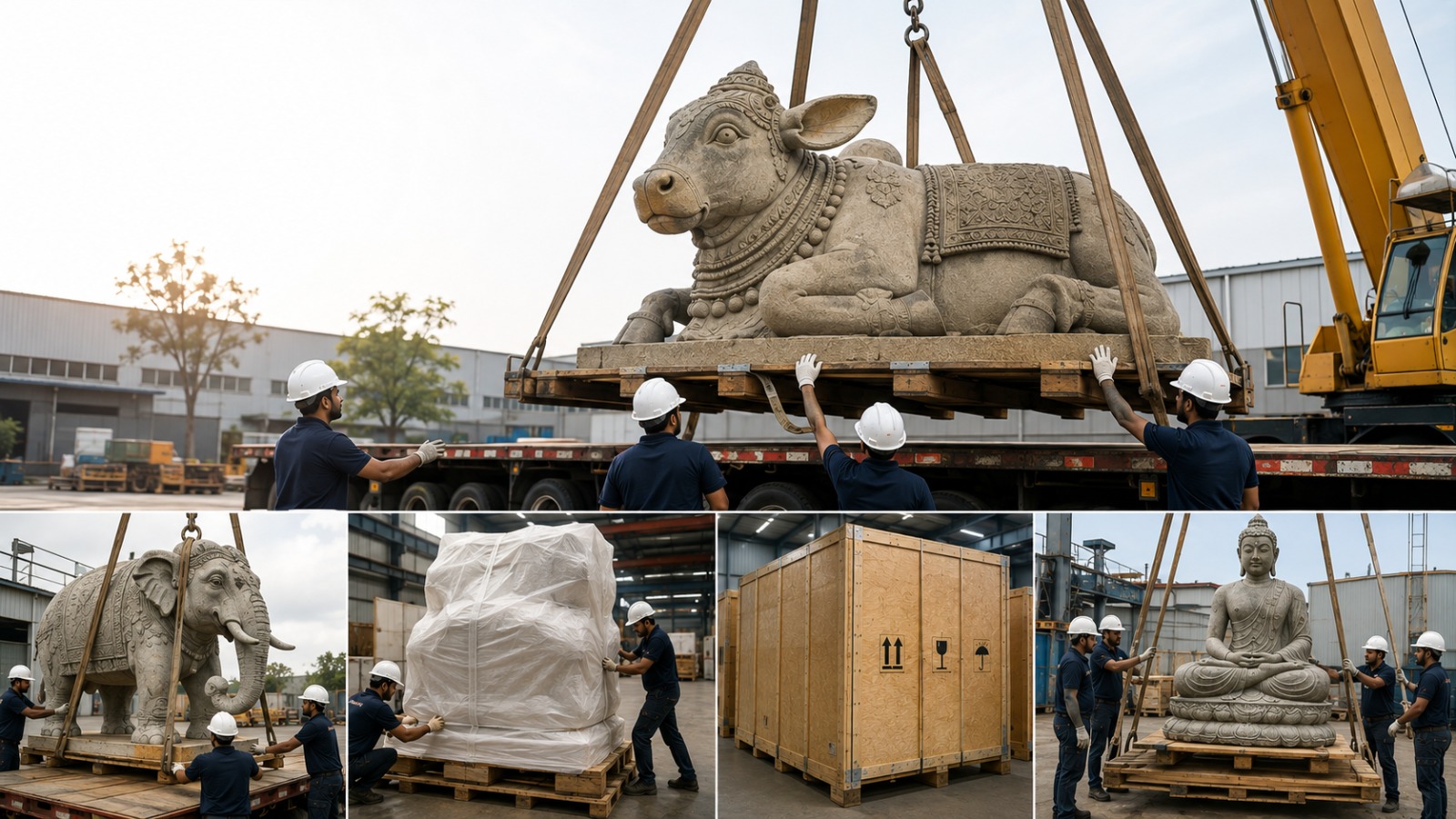 MoveNXT team installing a complex outdoor sculpture with crane support