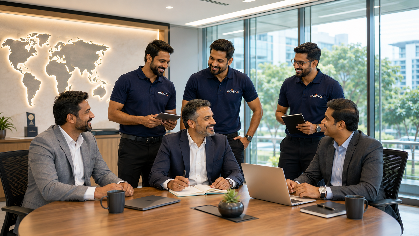 Happy corporate clients seated with MoveNXT relocation managers in a conference room planning an office move