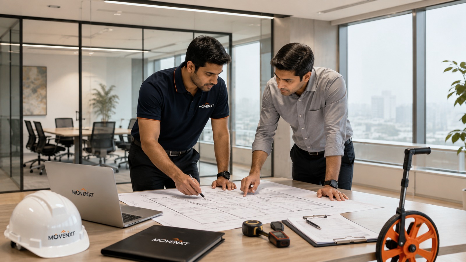 MoveNXT relocation specialists in branded uniforms reviewing floor plans and blueprints with a client for a corporate office move