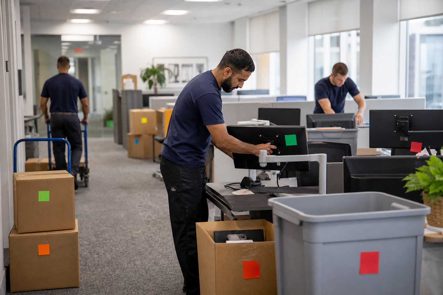 Packing and labelling workstations for a corporate office move