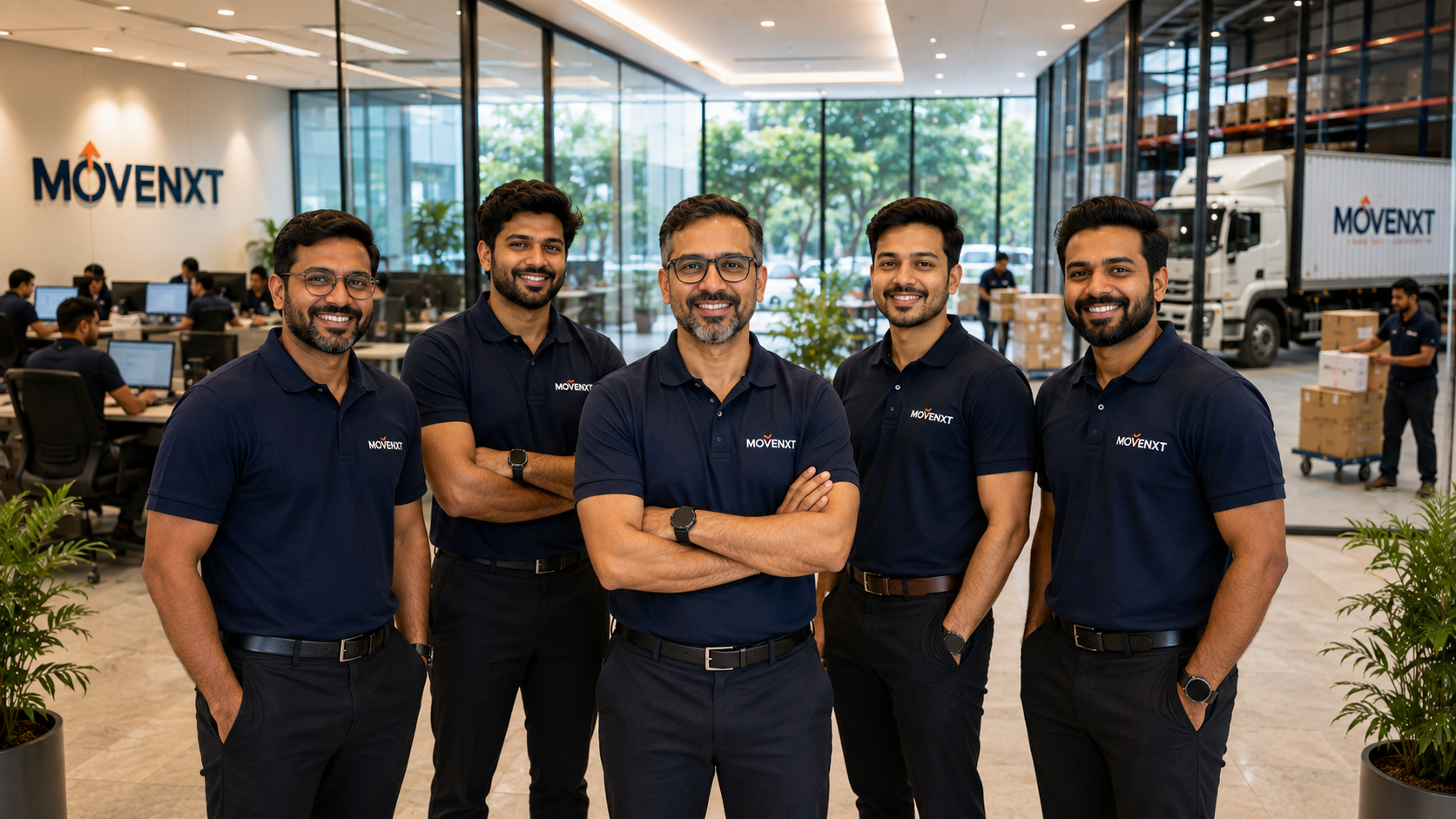 MoveNXT leadership team in branded navy uniforms standing at the Gurugram headquarters with office and warehouse operations in the background